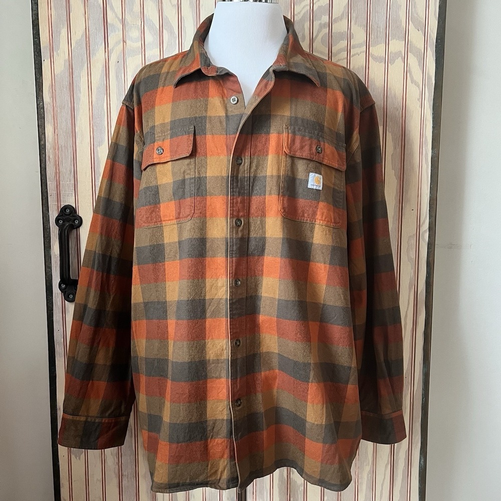 Carhartt Plaid Flannel Shirt Loose Workwear‎ Blokecore Button Front 3XL Cotton